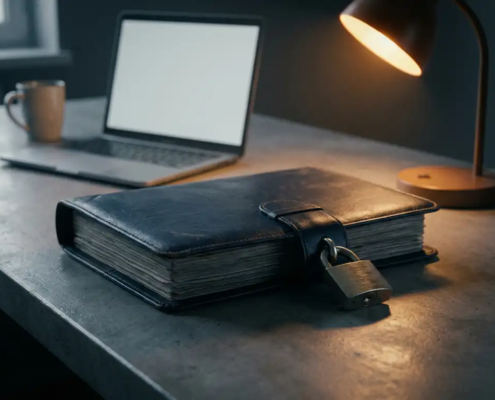 Dikke officiële registratiemap met hangslot op modern bureau, laptop op achtergrond, warm amberkleurig bureaulampje.