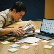 Gefrustreerde kantoormedewerker zoekt door stapel manila mappen en losse papieren op bureau met open laptop en plakbriefjes.