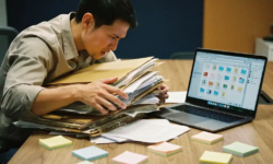 Gefrustreerde kantoormedewerker zoekt door stapel manila mappen en losse papieren op bureau met open laptop en plakbriefjes.