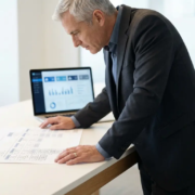 verantwoordelijkheid-organisatiestructuur-senior-professional.jpg Senior professional in pak bestudeert een organisatiediagram op bureau, met laptop met beveiligingsdashboard op achtergrond.