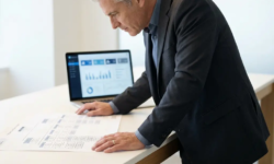Senior professional in pak bestudeert een organisatiediagram op bureau, met laptop met beveiligingsdashboard op achtergrond.
