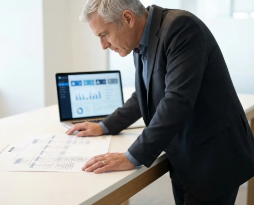 Senior professional in pak bestudeert een organisatiediagram op bureau, met laptop met beveiligingsdashboard op achtergrond.