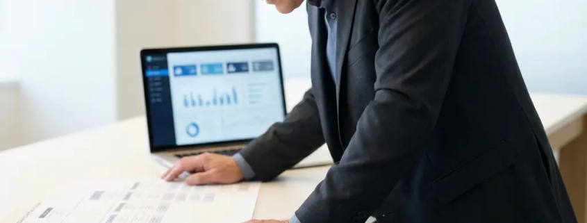 Senior professional in pak bestudeert een organisatiediagram op bureau, met laptop met beveiligingsdashboard op achtergrond.