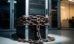 Zware ijzeren ketting om een moderne serverrack gewikkeld in een zakelijke IT-ruimte met betonnen vloer en staalblauwe verlichting.