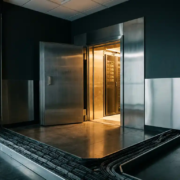 kluis-serverruimte-beveiliging-compliance.jpg Zware stalen kluisdeur op een kier in een moderne serverruimte, met warm amberkleurig licht dat over betonnen vloer valt.