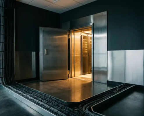 Zware stalen kluisdeur op een kier in een moderne serverruimte, met warm amberkleurig licht dat over betonnen vloer valt.