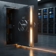 serverbeveiliging-kluis-kwetsbaarheid-datacentrum.jpg Zware stalen kluisdeur op een kier in een moderne serverruimte, met warm amberkleurig licht en knipperende blauwe netwerkapparatuur op de achtergrond.