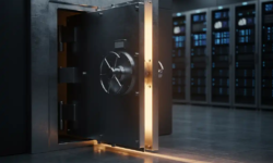 Zware stalen kluisdeur op een kier in een moderne serverruimte, met warm amberkleurig licht en knipperende blauwe netwerkapparatuur op de achtergrond.