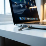 Glanzende sleutel in USB-poort van moderne laptop op wit bureau, weerspiegeling van app-iconen op scherm, blauwe en zilveren tinten.