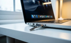 Glanzende sleutel in USB-poort van moderne laptop op wit bureau, weerspiegeling van app-iconen op scherm, blauwe en zilveren tinten.