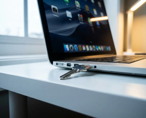 Glanzende sleutel in USB-poort van moderne laptop op wit bureau, weerspiegeling van app-iconen op scherm, blauwe en zilveren tinten.