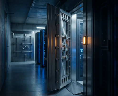 Zware stalen kluisdeur op een kier in een moderne serverruimte met blauw omgevingslicht en een tweede versterkte deur op de achtergrond.
