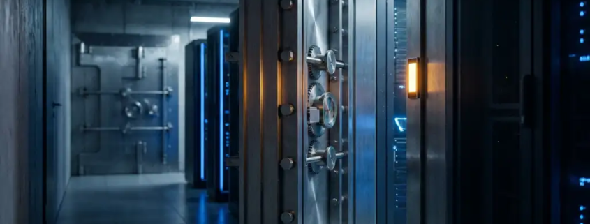 Zware stalen kluisdeur op een kier in een moderne serverruimte met blauw omgevingslicht en een tweede versterkte deur op de achtergrond.