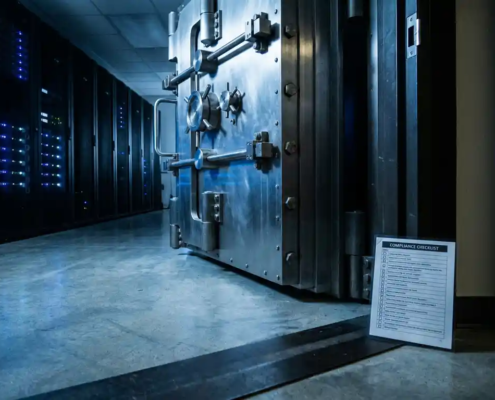 Zware stalen kluisdeur op een kier met verlichte serverruimte op de achtergrond en nalevingschecklist tegen de deurpost.