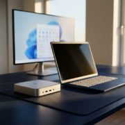 thin-client-laptop-vergelijking-kantoor.jpg Slanke thin client terminal en laptop naast elkaar op modern bureau, Microsoft-interface zichtbaar op monitor op achtergrond.
