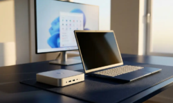 Slanke thin client terminal en laptop naast elkaar op modern bureau, Microsoft-interface zichtbaar op monitor op achtergrond.