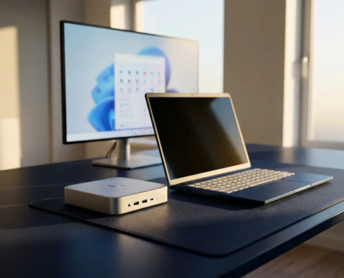 Slanke thin client terminal en laptop naast elkaar op modern bureau, Microsoft-interface zichtbaar op monitor op achtergrond.