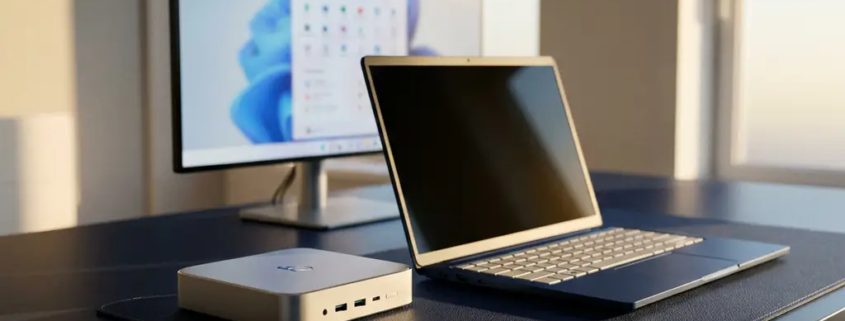 Slanke thin client terminal en laptop naast elkaar op modern bureau, Microsoft-interface zichtbaar op monitor op achtergrond.