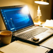 thuiswerken-laptop-beveiliging-privacy.jpg Laptop op thuiskantoor bureau met koffiemok, papieren en klein hangslot naast het toetsenbord, warm licht en blauw schermgloed.