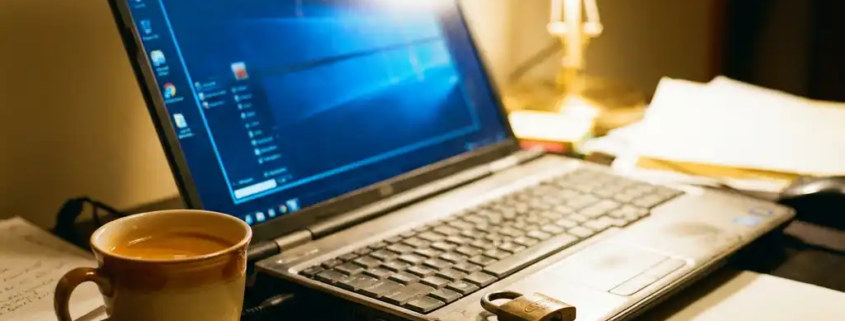 Laptop op thuiskantoor bureau met koffiemok, papieren en klein hangslot naast het toetsenbord, warm licht en blauw schermgloed.