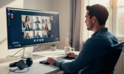 Professional thuis aan bureau met groot scherm tijdens videovergadering, kopje koffie en headset, warm natuurlijk licht.