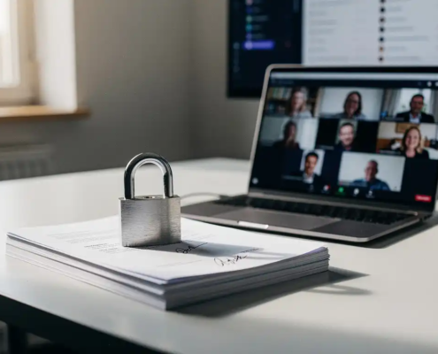 Beveiligd hangslot op stapel ondertekende documenten naast laptop met videovergadering, modern kantoor met noordelijk daglicht.