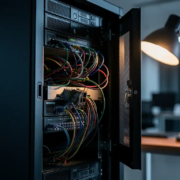 verborgen-netwerk-kwetsbaarheid-server-rack.jpg Geopend serverrack met verwarde kabels en gecorrodeerde netwerkpoort, belicht door warm amberkleurig bureaulampje in donker kantoor.