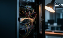 Geopend serverrack met verwarde kabels en gecorrodeerde netwerkpoort, belicht door warm amberkleurig bureaulampje in donker kantoor.