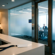 Vergrendelde glazen deur met keycard-lezer bij een moderne Microsoft Teams-vergaderruimte, bezoekerspas op witte receptiebalie op de voorgrond.