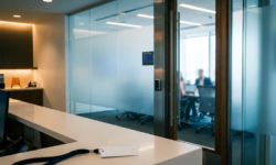 Vergrendelde glazen deur met keycard-lezer bij een moderne Microsoft Teams-vergaderruimte, bezoekerspas op witte receptiebalie op de voorgrond.