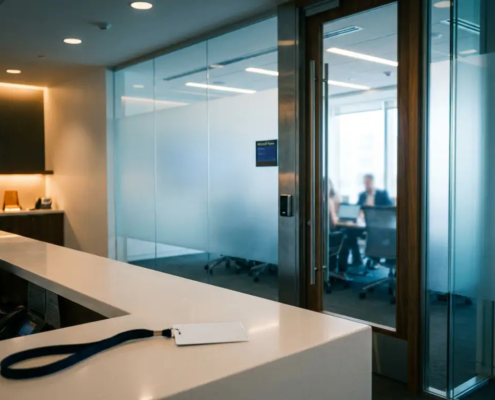 Vergrendelde glazen deur met keycard-lezer bij een moderne Microsoft Teams-vergaderruimte, bezoekerspas op witte receptiebalie op de voorgrond.