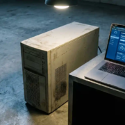 verouderde-server-cloud-migratie-laptop.jpg Verouderde stoftige towerserver naast een moderne laptop met cloud-dashboard, symboliseert migratie van on-premises naar de cloud.