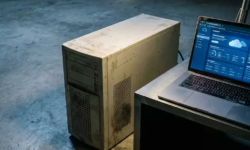 Verouderde stoftige towerserver naast een moderne laptop met cloud-dashboard, symboliseert migratie van on-premises naar de cloud.