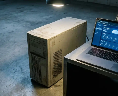 Verouderde stoftige towerserver naast een moderne laptop met cloud-dashboard, symboliseert migratie van on-premises naar de cloud.