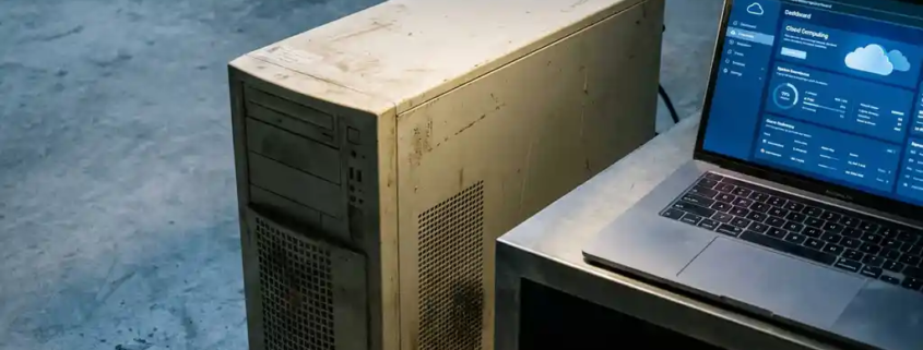 Verouderde stoftige towerserver naast een moderne laptop met cloud-dashboard, symboliseert migratie van on-premises naar de cloud.