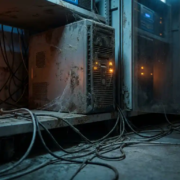 Verouderde towerserver bedekt met stof en spinnenwebben in een donkere serverruimte, met gloeiende oranje waarschuwingslampjes en verwarde kabels.