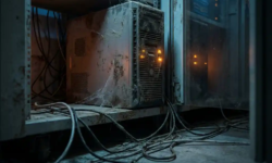 Verouderde towerserver bedekt met stof en spinnenwebben in een donkere serverruimte, met gloeiende oranje waarschuwingslampjes en verwarde kabels.