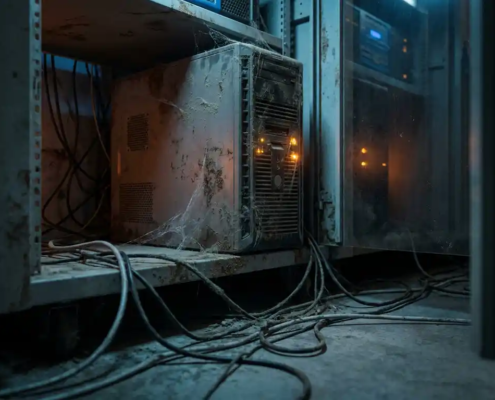 Verouderde towerserver bedekt met stof en spinnenwebben in een donkere serverruimte, met gloeiende oranje waarschuwingslampjes en verwarde kabels.