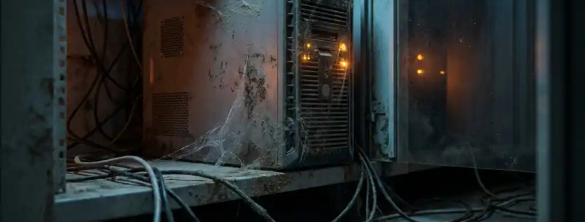 Verouderde towerserver bedekt met stof en spinnenwebben in een donkere serverruimte, met gloeiende oranje waarschuwingslampjes en verwarde kabels.