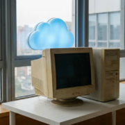 verouderde-computer-cloud-migratie-bureau.jpg Verouderde beige desktopcomputer uit de vroege jaren 2000 op een modern wit bureau, met een zachte azuurblauwe wolk zichtbaar door een kantoorvenster.