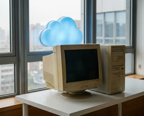 Verouderde beige desktopcomputer uit de vroege jaren 2000 op een modern wit bureau, met een zachte azuurblauwe wolk zichtbaar door een kantoorvenster.