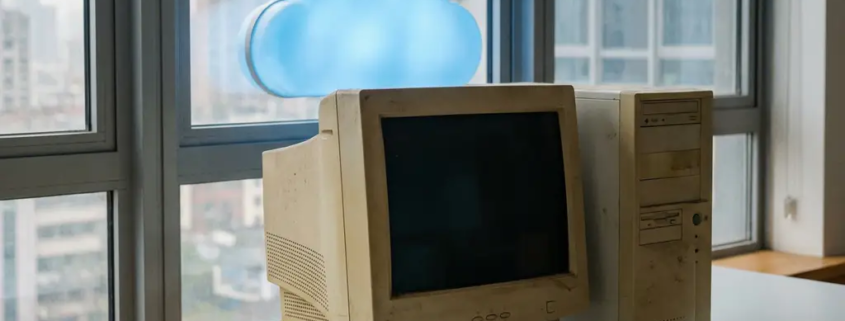 Verouderde beige desktopcomputer uit de vroege jaren 2000 op een modern wit bureau, met een zachte azuurblauwe wolk zichtbaar door een kantoorvenster.