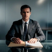 Zakenman in maatpak aan glazen bureau met open manila map, dramatisch licht en stalen blauwtinten.