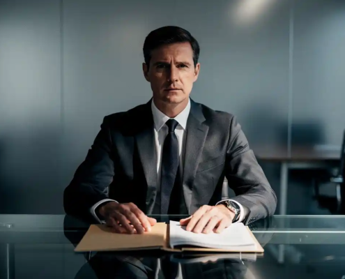 Zakenman in maatpak aan glazen bureau met open manila map, dramatisch licht en stalen blauwtinten.