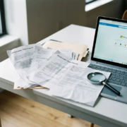 zoeken-microsoft-365-documenten-email.jpg Stapel gedrukte e-mails en PDF-documenten op een bureau naast een laptop met Microsoft 365, met een vergrootglas bovenop.