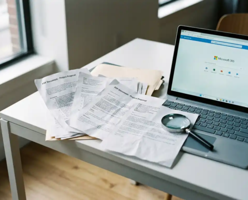 Stapel gedrukte e-mails en PDF-documenten op een bureau naast een laptop met Microsoft 365, met een vergrootglas bovenop.