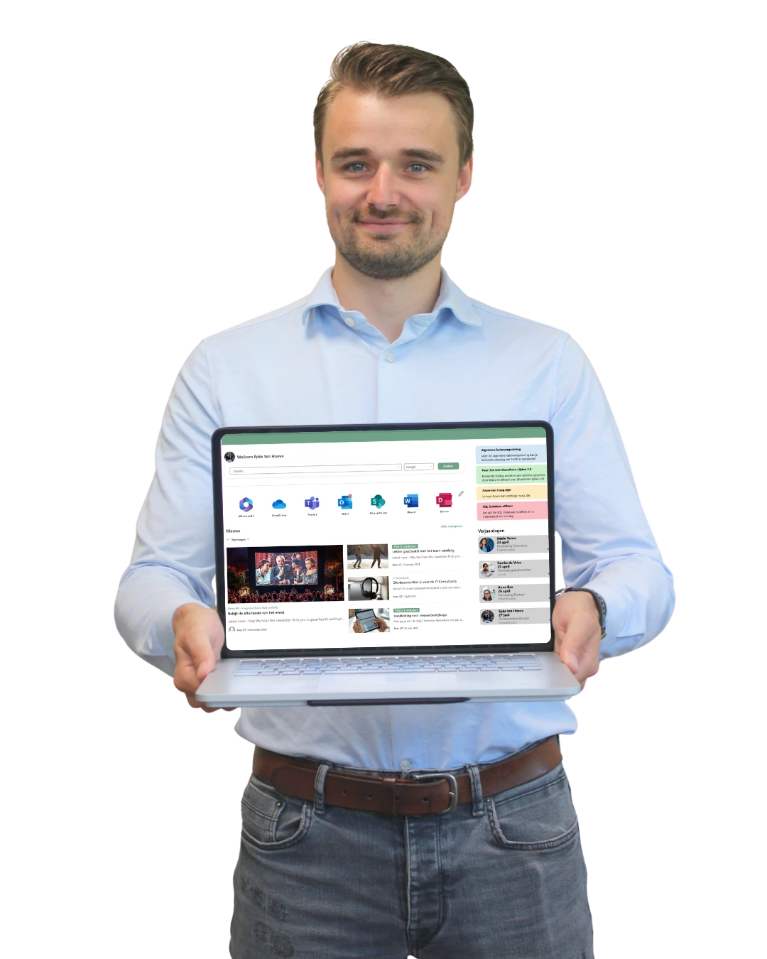 Wessel & Sharepoint Medewerker van Puur ICT houdt een laptop omhoog en toont informatie over de moderne werkplek op het scherm.