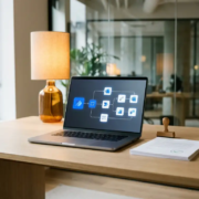 Laptop met Power Automate-stroomdiagram op modern bureau, naast goedgekeurde documenten met groen vinkjesstempel, kantooromgeving.