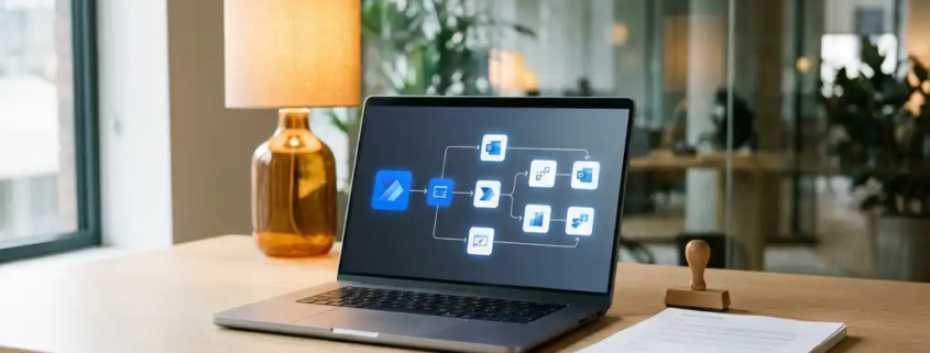 Laptop met Power Automate-stroomdiagram op modern bureau, naast goedgekeurde documenten met groen vinkjesstempel, kantooromgeving.
