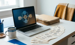 Modern bureau met laptop waarop een workflowdiagram zichtbaar is, omringd door geautomatiseerde taakoverzichten en manila mappen.